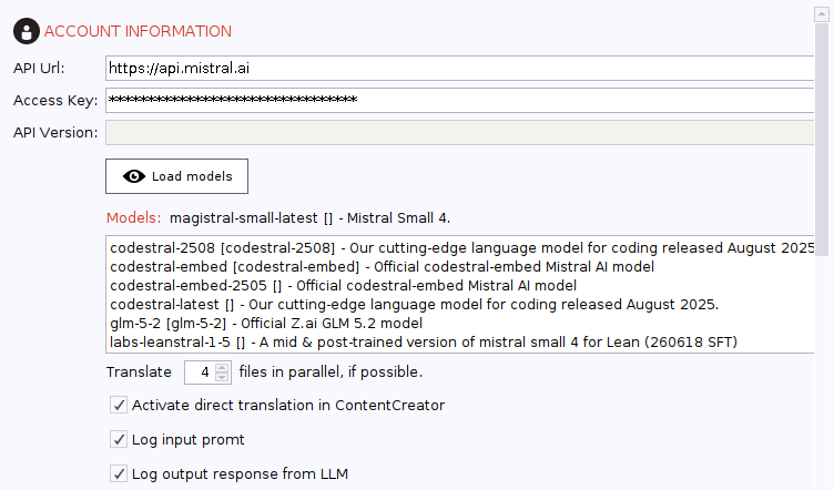 Sample Mistral account configuration