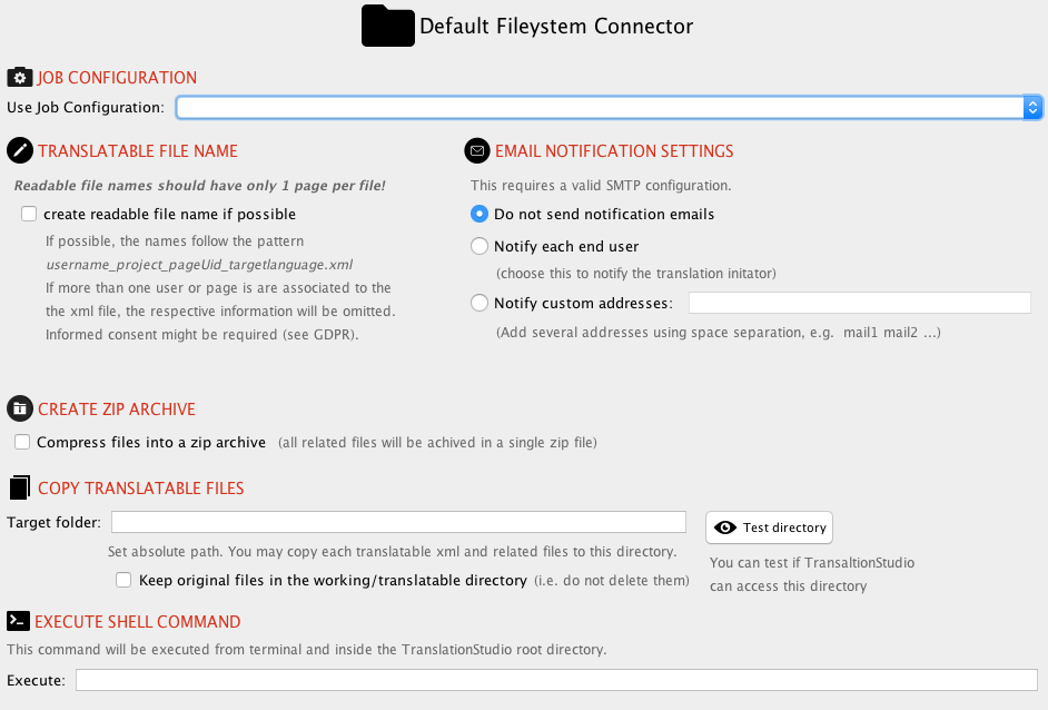 The configuration panel